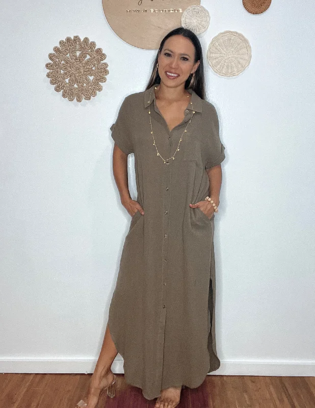 Strapless Women Dress with a Built - in Bra for Comfort and SupportButton Up Maxi Shirt Dress