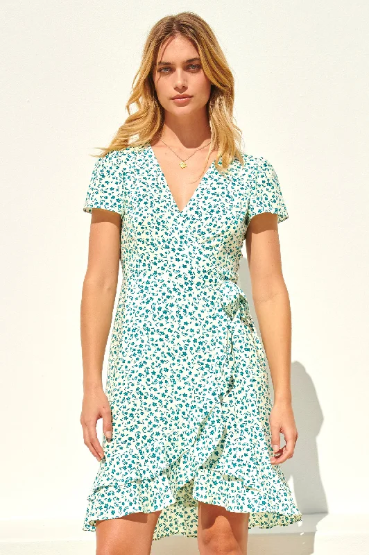 Shift Women Dress with a Simple and Classic Design for Everyday WearChelsea Wrap Dress | Daisy Flower Cream/Verdigris Green