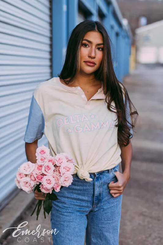 Distressed Women T Shirt with a Laid - Back AestheticDelta Gamma Retro Star Colorblock Henley