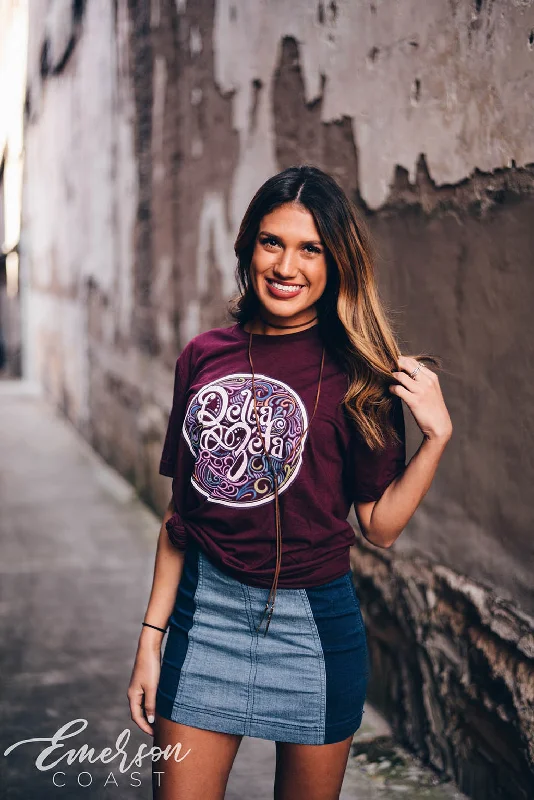 Embroidered Women T Shirt with Intricate DetailsDelta Zeta Maroon Multicolor Tshirt