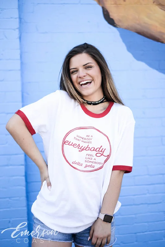 Ringer T Shirt Women with Retro - Inspired StripesDelta Zeta Red Ringer Quote Tee