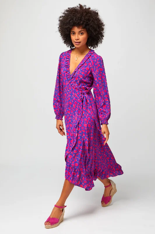 Off - the - Shoulder Women Dress for a Romantic and Feminine LookDemi Long Sleeve Wrap Dress | Cheetah Blue/Pink