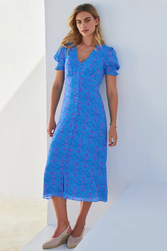 Pleated Women Dress with a Timeless and Elegant TextureSally Anne Tea Dress | Fantasy Tile Tranquil Blue