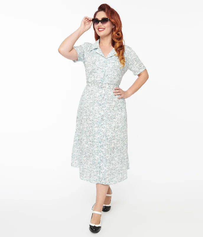 Shift Women Dress with a Simple and Classic Design for Everyday Wear1940s Light Blue & White Cat Print Cotton Midi Dress