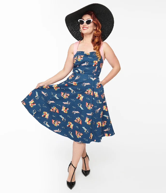 Sheath Women Dress with a Tailored Fit for a Professional Look1950s Blue Cotton Portofino Living Print Swing Dress