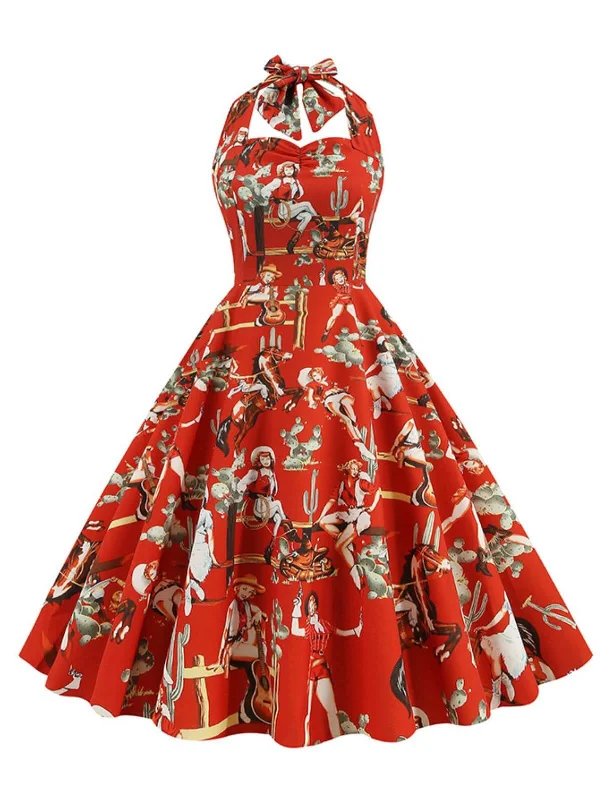 Plus Size Women Dress with a Flattering A - Line Cut for Comfort and Style1950s Retro Pictorial Halter Swing Dress