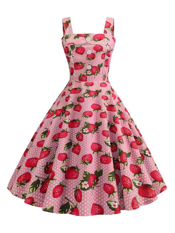 Pleated Women Dress with a Timeless and Elegant Texture1950s Strap Strawberry Polka Dots Sleeveless Dress