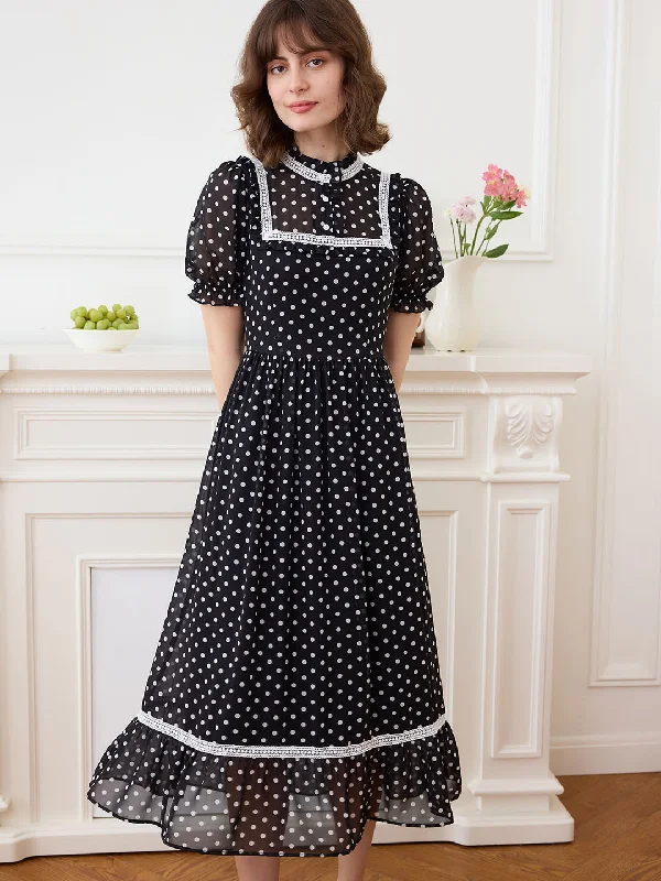 Pleated Women Dress with a Timeless and Elegant Texture【Final Sale】Annika Polka Dot Print Mock Neck Puff Sleeve Chiffon Dress