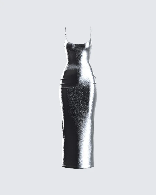 Little Black Women Dress with Sequins for a Glamorous Night OutAurra Metallic Gunmetal Midi Dress