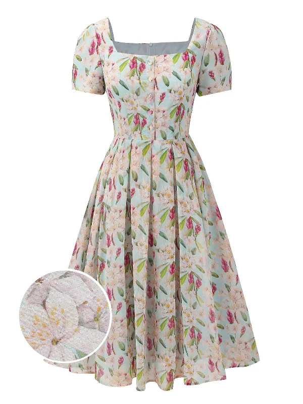 Mini Women Dress with a Short Hem for a Young and Trendy StyleBlue 1950s Square Collar Floral Dress