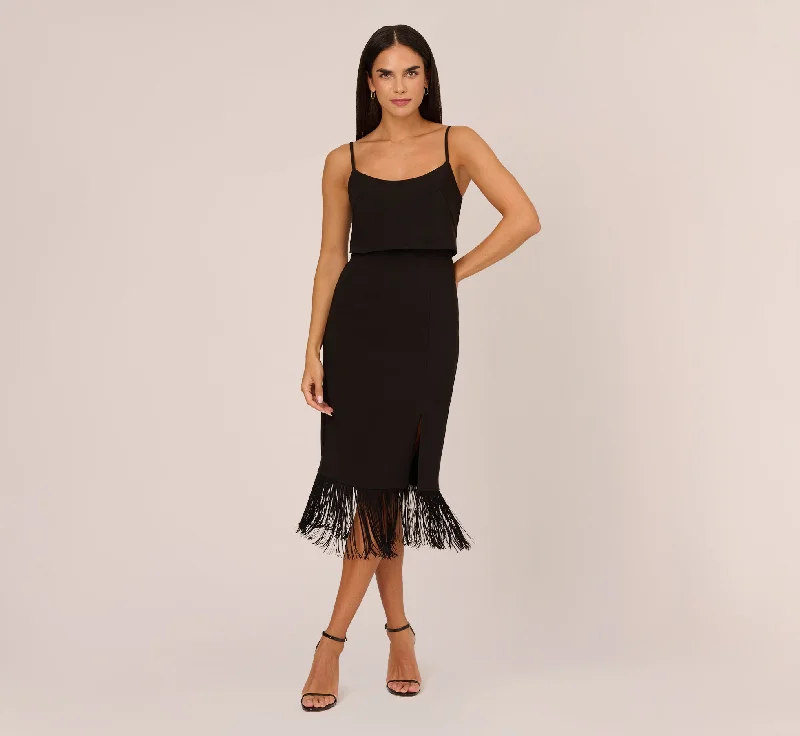 Printed Abstract Women Dress for a Modern and Artistic AppealCrepe Popover Midi Dress With Fringe Trim In Black