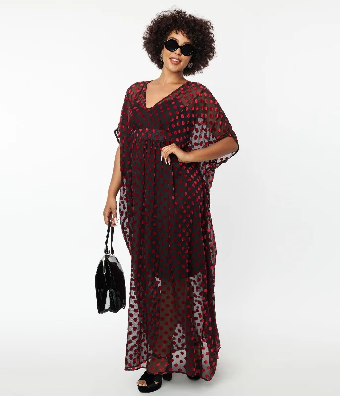 Maxi Women Dress with Floral Print for a Bohemian VibeUnique Vintage Black & Red Swiss Dot Burton Caftan Dress