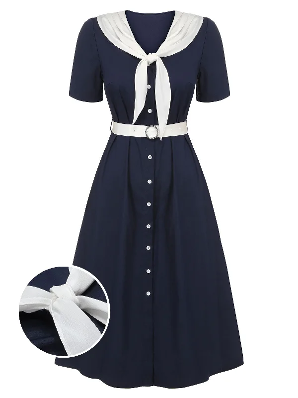 Shift Women Dress with a Simple and Classic Design for Everyday WearDark Blue & White 1940s Sailor Collar Dress