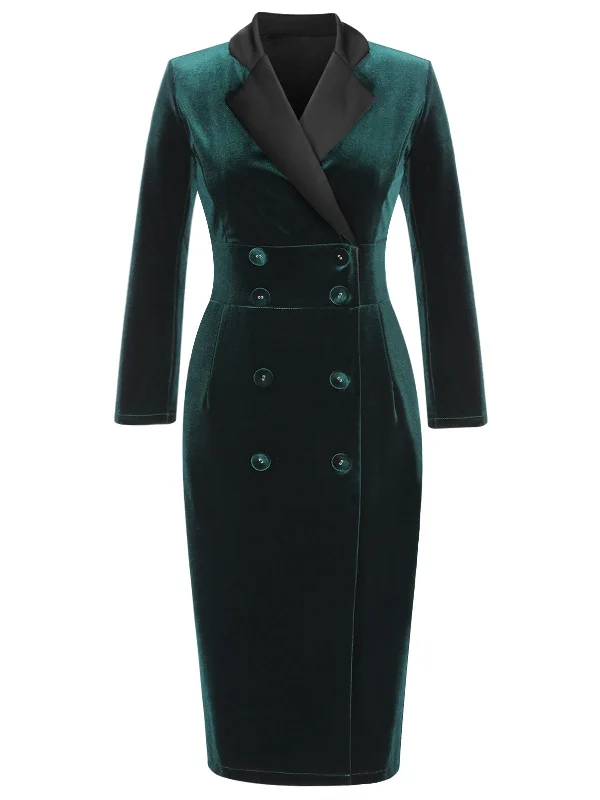 Lace - Embellished Women Dress for an Elegant and Sophisticated AppearanceDark Green 1960s Lapel Button Velvet Dress