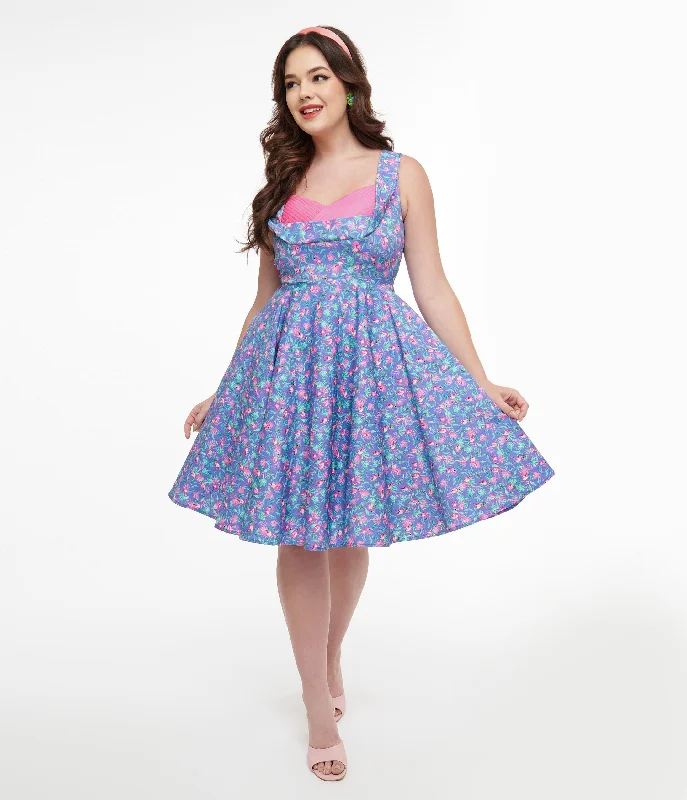 Halter Neck Women Dress to Show Off the Shoulders and NecklineDolly & Dotty 1950s Purple & Pink Flamingo Leaf Print Grace Swing Dress