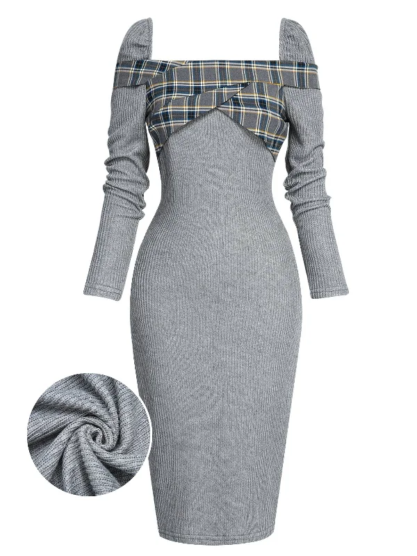 Printed Abstract Women Dress for a Modern and Artistic AppealGray 1960s Plaid Patchwork Pencil Dress