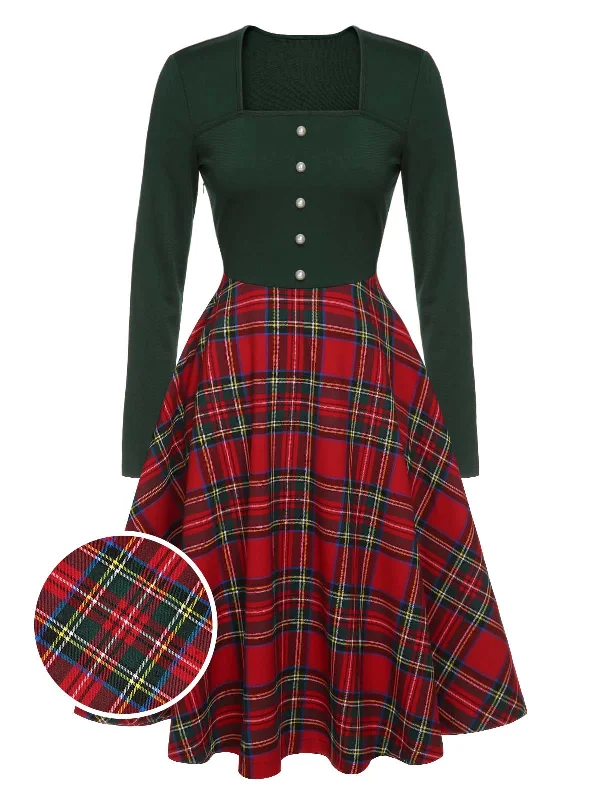 Halter Neck Women Dress to Show Off the Shoulders and NecklineGreen&Red 1950s Square Neck Plaids Long Sleeve Dress