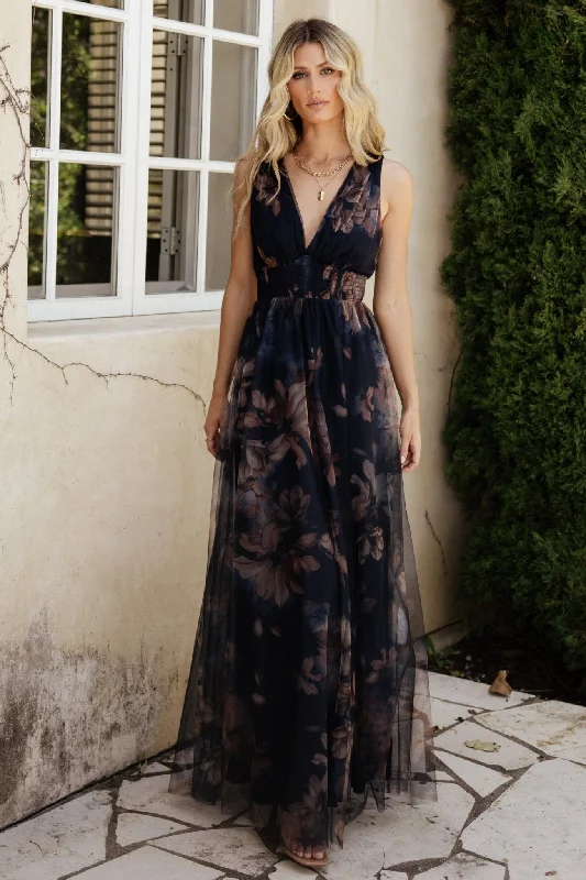 Sheath Women Dress with a Tailored Fit for a Professional LookKamila Tulle Maxi Dress | Dark Blue Floral