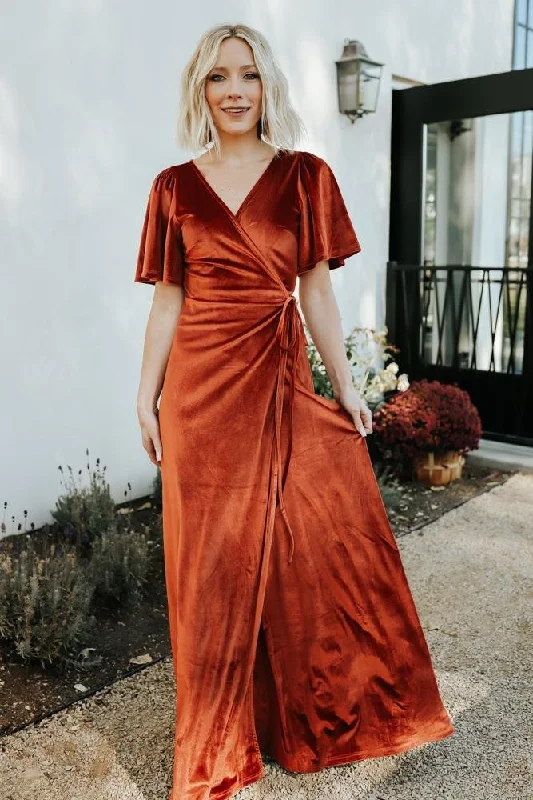 Sleeveless Women Dress in Bright Colors for Summer PartiesMeghan Velvet Wrap Maxi Dress | Rust