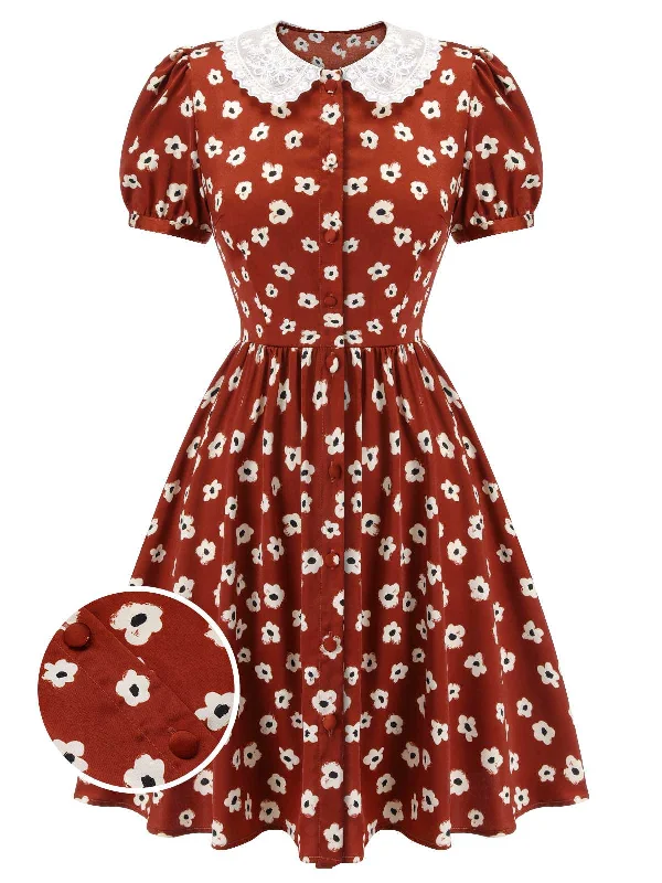 Lace - Embellished Women Dress for an Elegant and Sophisticated AppearanceRed 1960s Floral Puff Sleeve Flared Dress