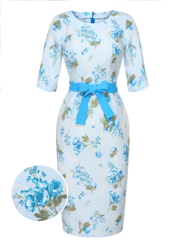 Long - Sleeve Women Dress in Velvet for a Luxurious Winter LookSky Blue 1960s Floral Belted Pencil Dress