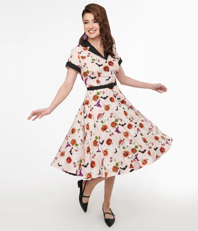 Pleated Women Dress with a Timeless and Elegant TextureUnique Vintage 1950s Pink Halloween Print Alexis Swing Dress