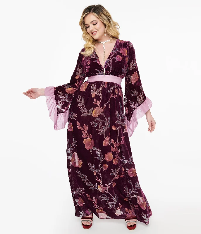 Empire Waist Women Dress to Accentuate the Bust and Conceal the WaistUnique Vintage 1970s Purple Floral Burnout Velvet Maxi Dress