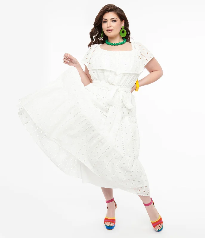 Shift Women Dress with a Simple and Classic Design for Everyday Wear1970s White Eyelet Cotton Off The Shoulder Midi Dress