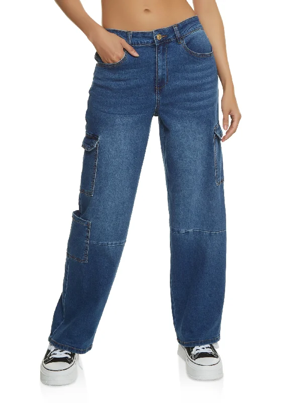 Button - fly women jeans with a traditional touchWAX Wide Leg Flap Pocket Cargo Jeans