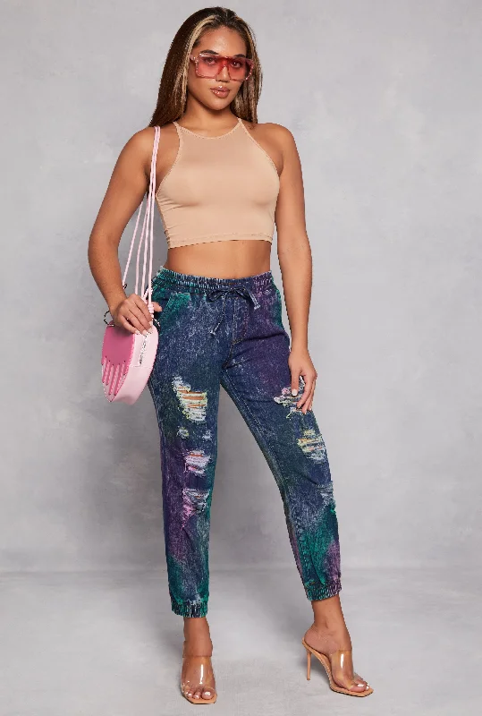 Mom jeans for a nostalgic and casual lookDenim Drawstring Distressed Joggers