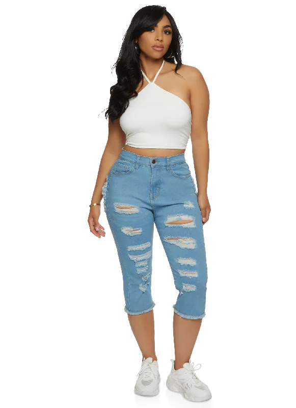 Embellished women jeans with studs or rhinestones for a glamorous touchHighway Distressed Denim Skinny Capri Pants