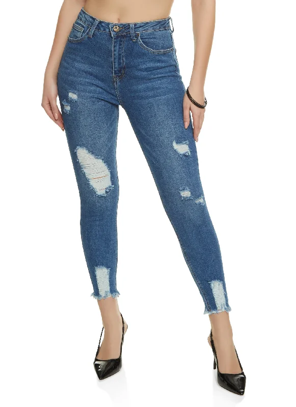 Mom jeans for a nostalgic and casual lookWAX Distressed Frayed Hem Skinny Jeans