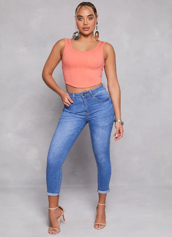 Dark - wash women jeans for a sophisticated and slimming effectWAX High Waist Rolled Cuff Denim Jeans