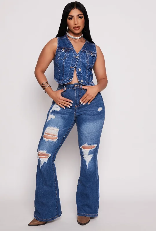 Skinny women jeans with a form - fitting designWAX High Waisted Distressed Flare Jeans