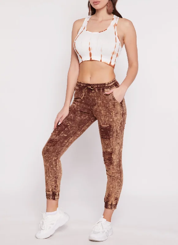 Wide - leg women jeans for a modern and relaxed vibeTie Dye Acid Wash Distressed Denim Joggers