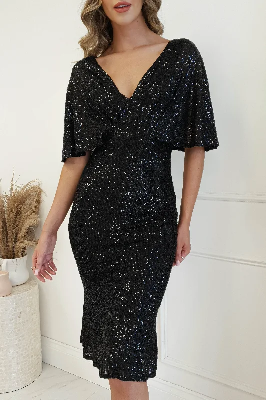 Off - the - Shoulder Women Dress for a Romantic and Feminine LookAlvara Sequin Midi Dress | Black