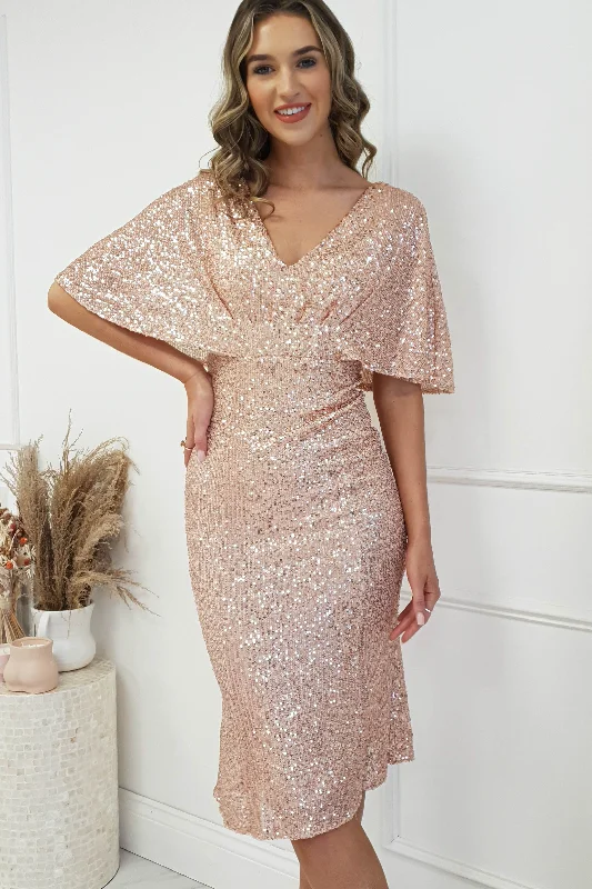 Pleated Women Dress with a Timeless and Elegant TextureAlvara Sequin Midi Dress | Rose Gold