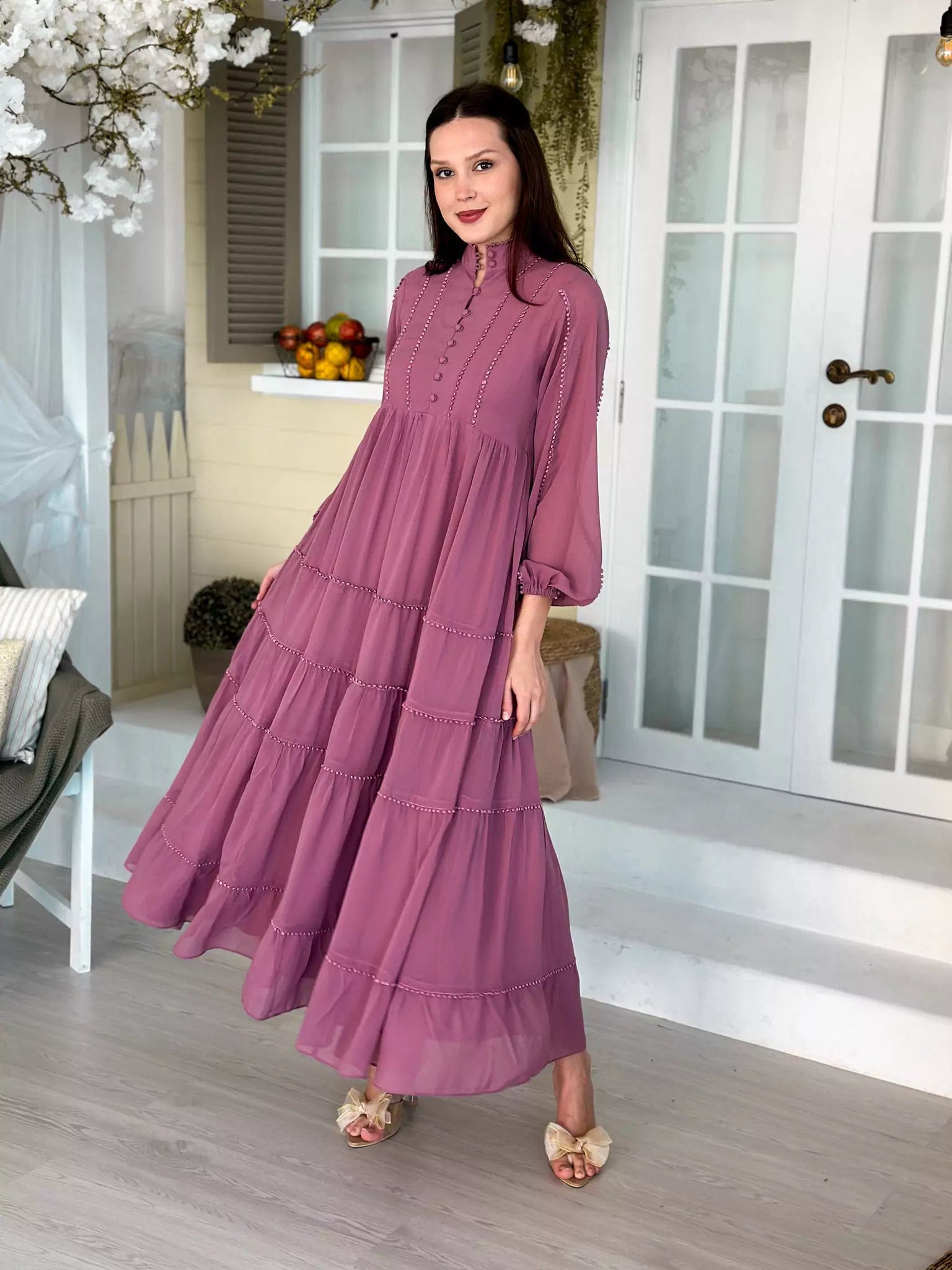 Off - the - Shoulder Women Dress for a Romantic and Feminine LookAmber Lace Solid Long Dress - Mauve