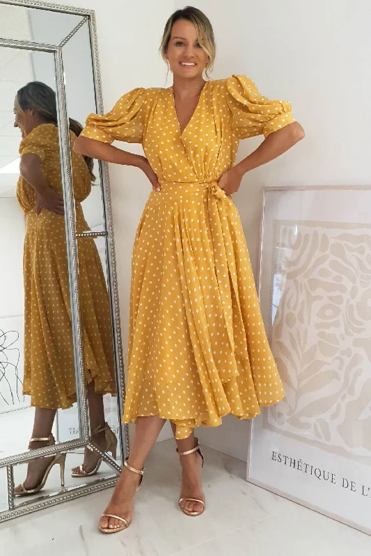 Halter Neck Women Dress to Show Off the Shoulders and NecklineAndrea Polka Dot Midi Dress | Mustard