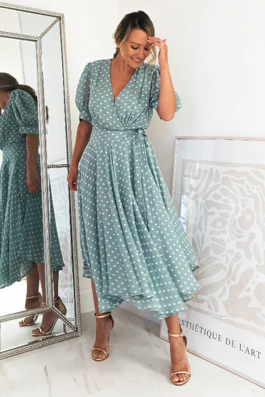 Ruffled Women Dress with Multiple Layers for a Playful and Girly StyleAndrea Polka Dot Midi Dress | Sage