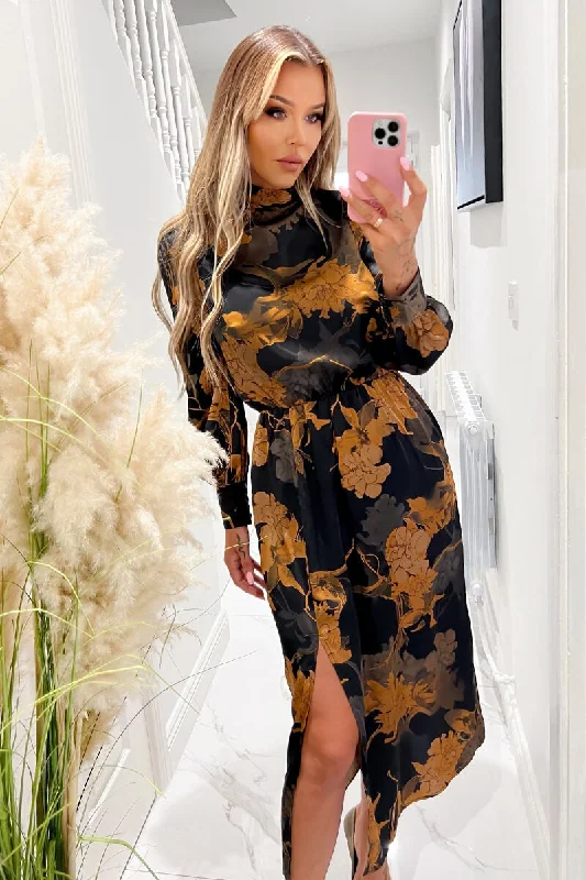 Mini Women Dress with a Short Hem for a Young and Trendy StyleBlack Floral Print High Neck Long Sleeve Midi Dress