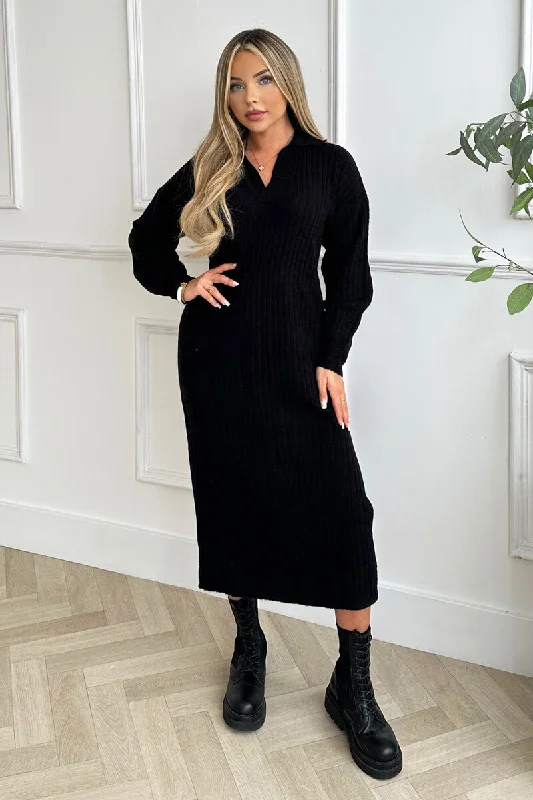 Mini Women Dress with a Short Hem for a Young and Trendy StyleBlack Knit Long Sleeve Collared Midi Dress