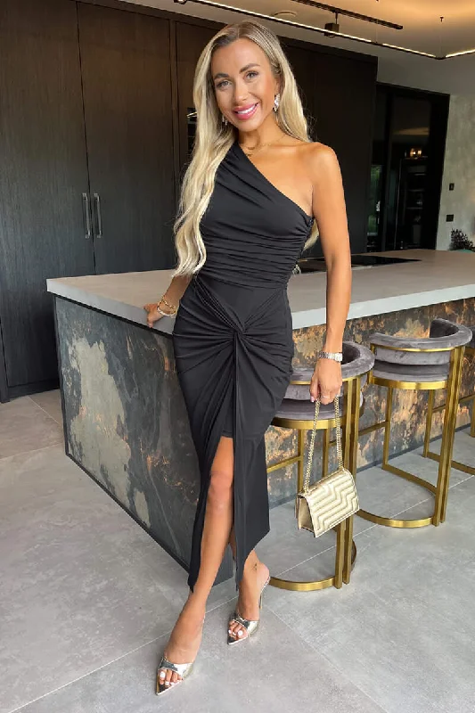 Backless Women Dress for a Sexy and Alluring Look at Evening EventsBlack One Shoulder Knot Skirt Midi Dress