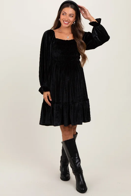 Ball Gown Women Dress with a Full Skirt for a Princess - like LookBlack Velvet Smocked Long Sleeve Maternity Dress