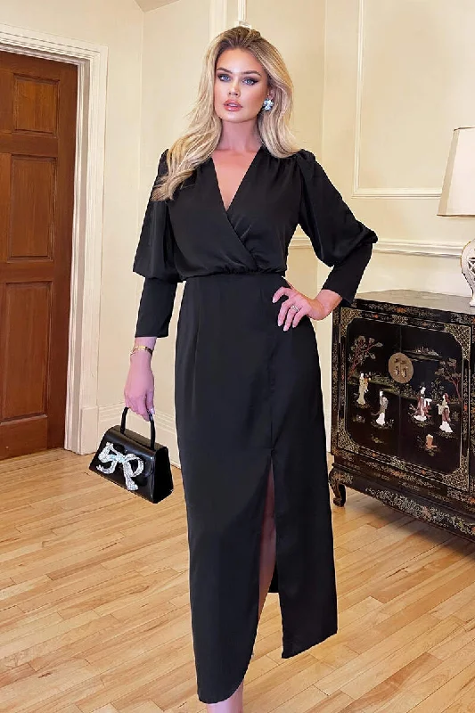 Shift Women Dress with a Simple and Classic Design for Everyday WearBlack Wrap Top Long Sleeve Midi Dress