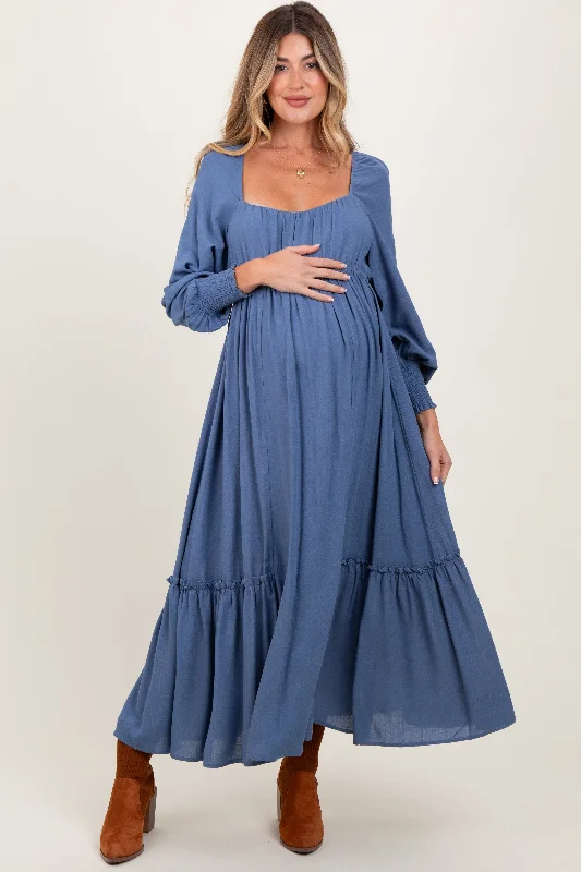 Sheath Women Dress with a Tailored Fit for a Professional LookBlue Square Neckline Bubble Sleeve Maternity Maxi Dress