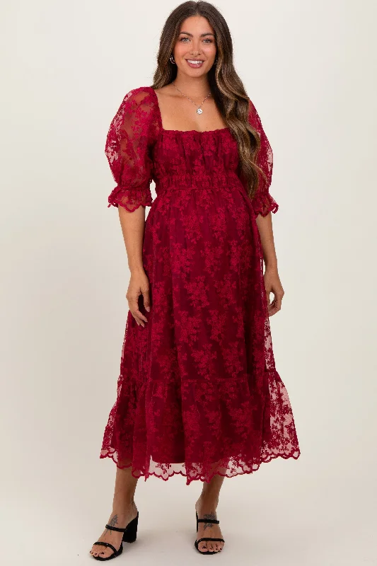 Mini Women Dress with a Short Hem for a Young and Trendy StyleBurgundy Floral Mesh Lace Overlay Maternity Maxi Dress