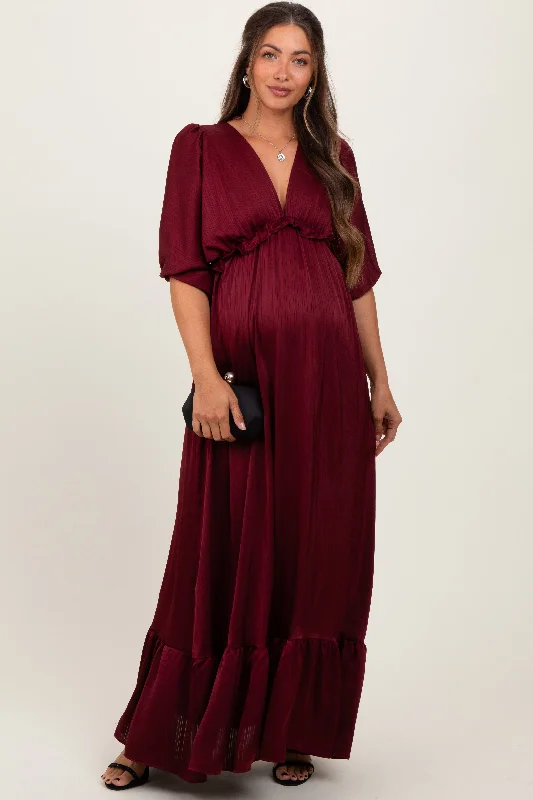 Long - Sleeve Women Dress in Velvet for a Luxurious Winter LookBurgundy Striped Ruffle Accent Maternity Maxi Dress