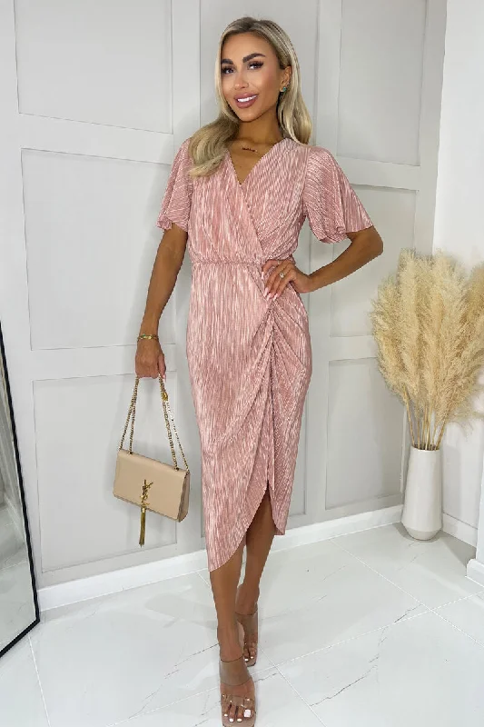 Mermaid - Style Women Dress with a Fitted Silhouette for Special OccasionsChampagne Wrap Top Short Sleeve Plisse Gathered Midi Dress