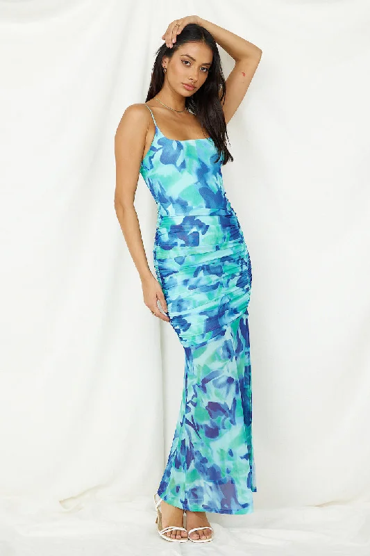 Printed Abstract Women Dress for a Modern and Artistic AppealDeep Sea Dive Maxi Dress Blue